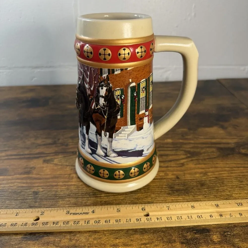 1993 Anheuser Busch Budweiser Hometown Holidays Christmas Beer Stein Clydesdales